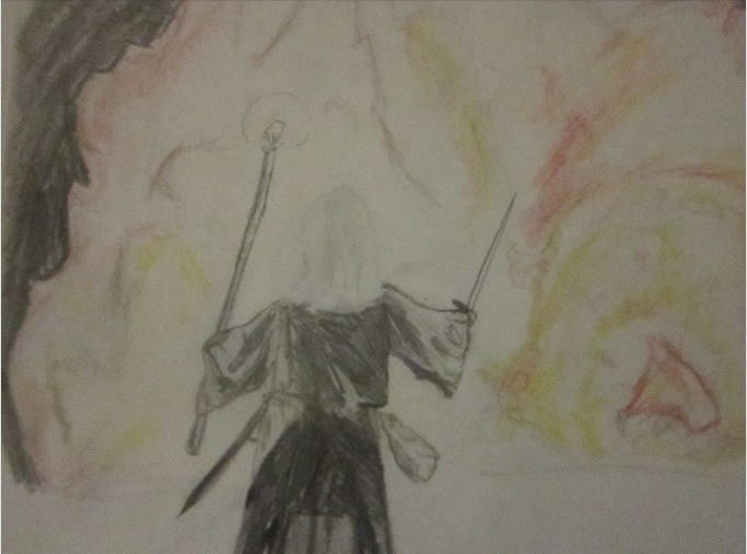 A drawing of Gandalf the Grey facing down the Balrog in the mines of Moria. The drawing is by fantasy author Beth Overmyer, who wrote The Goblets Immortal Trilogy, among other works.